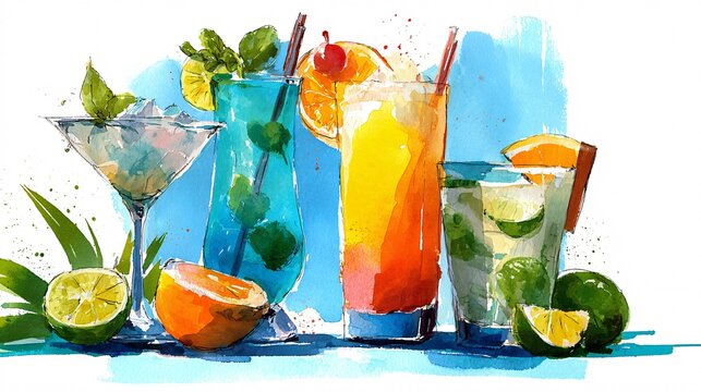 Colorful watercolor illustration of fresh cocktails with citrus fruits