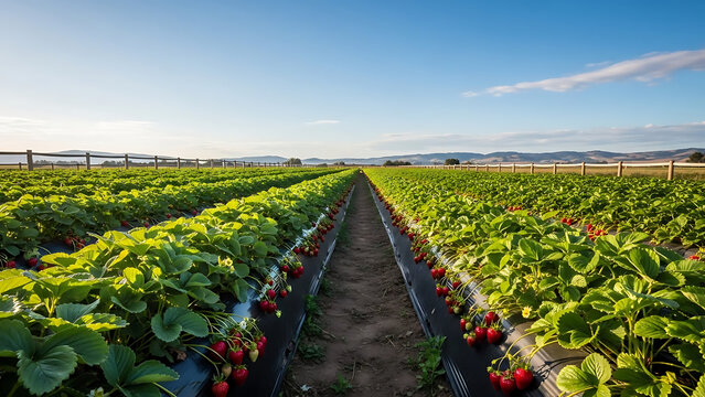 A wide, sunlit view of a strawberry field with rows of plants under a blue sky.