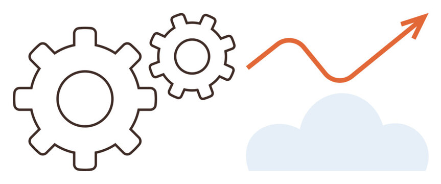 Two gears signify teamwork and process innovation a curved rising arrow indicates growth, progress, and success with a simplistic cloud element. Ideal for business, technology, teamwork, process