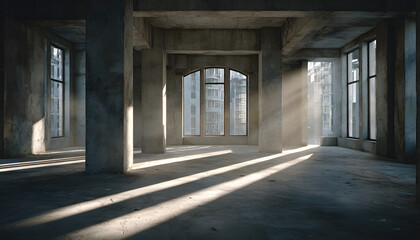 Sunlight streams into unfinished building interior. Concrete pillars support structure, large windows face outside. Construction project in progress, empty space awaits completion.