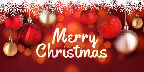 Merry Christmas and Happy Holidays card. Festive balls and snowflakes on red background with bokeh lights
