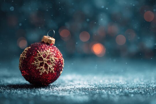Red glitter Christmas bauble with golden dots on sparkling background