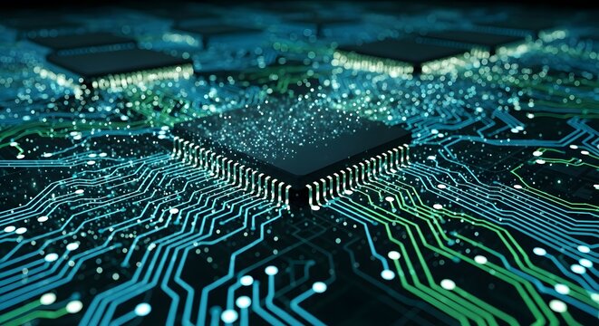Close up of a central processing unit on a digital circuit board - Powered by Adobe