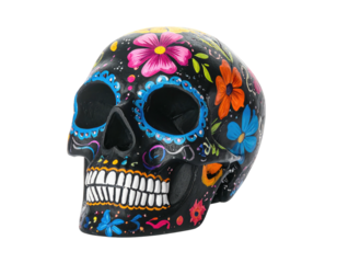 Black skull with colorful floral designs; a vibrant decorative piece for Day of the Dead celebrations