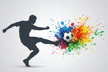 Silhouette of a soccer player kicking a ball amidst a colorful splash