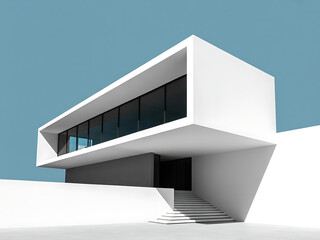 Modern minimalist white building with large windows against a blue sky