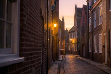 Cobblestone Street in Historic York, England at Dusk