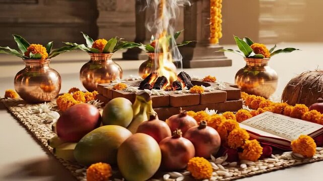 Sacred havan fire ceremony burning ritual offerings with copper kalash pots and fresh fruits in a warmly lit traditional indian temple setting