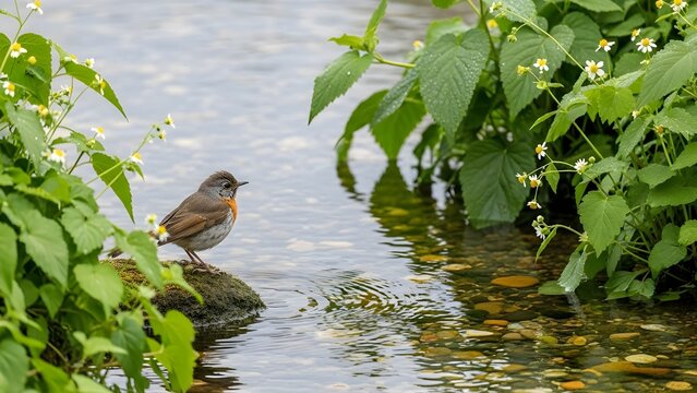 A small brown bird perched on a rock by a flowing stream, surrounded by lush green foliage