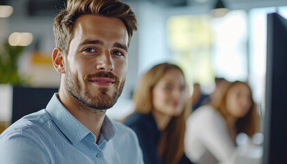 Obraz premium Manager encouraging young employees at the workplace, guidance and motivation, professional people