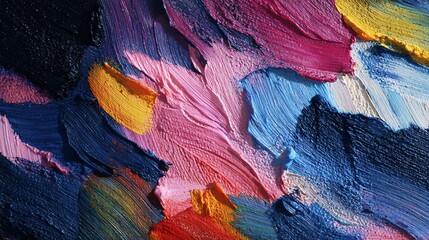 Close-up of vibrant colorful oil paint textures on canvas