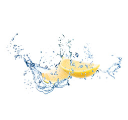 Lemon pieces and water splash on white background