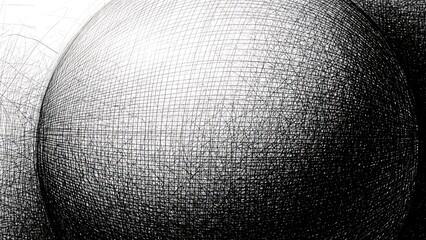 Monochrome sphere with intricate crosshatch texture and subtle shading.
