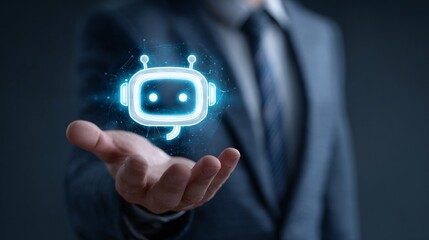 Businessman Holding Futuristic Digital Chatbot Icon with Blue Technology Glow