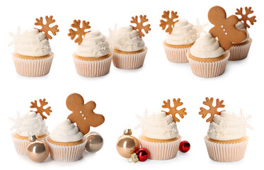 Christmas cupcakes isolated on white, set. Festively decorated dessert
