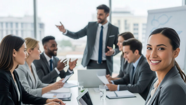 Business team in a meeting with a man presenting and a smiling woman looking at the camera - Powered by Adobe
