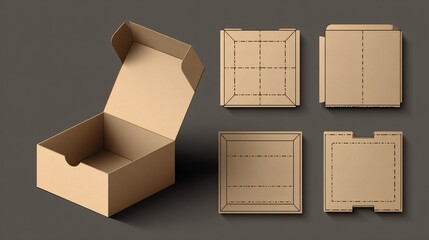 Open and flat cardboard packaging boxes with assembly layout on dark surface