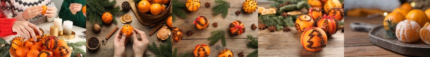Collage with fresh tangerines, banner design. Christmas citrus fruit