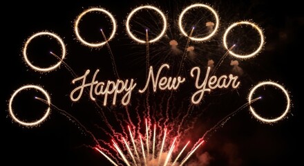 Happy new year" sparkler text with festive fireworks display