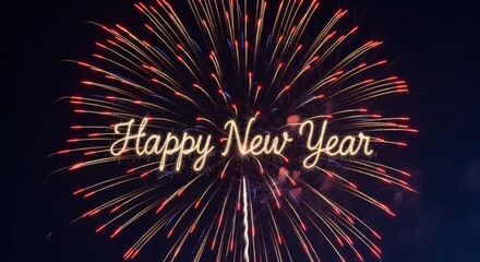 Happy new year" text with vibrant fireworks display against night sky