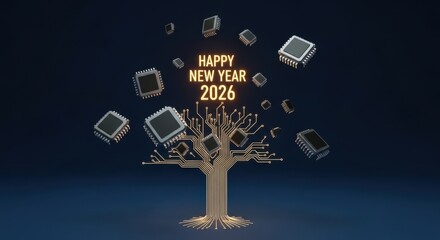 Happy new year 2026 with a circuit board tree and microchips.