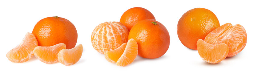 Fresh tangerines isolated on white, set. Citrus fruit