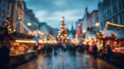 Fototapeta premium Blurred Christmas Market Street Scene with Festive Holiday Lights