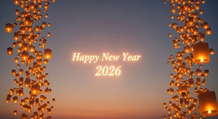 Happy new year 2026 celebration with glowing lanterns in sky