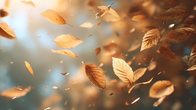 Windblown autumn leaves suspended in the air
