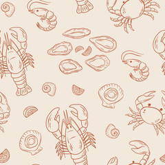 Hand drawn seafood seamless pattern with lobster, crab, shrimp, oysters and lemon slices. Vintage style vector illustration