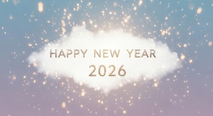 Happy new year 2026 message on cloud with glitter, gradient sky