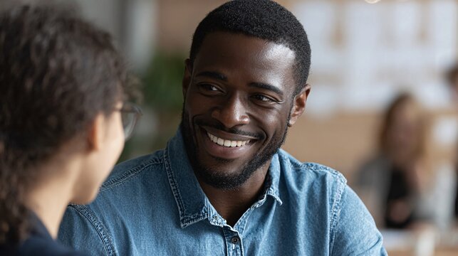 Happy young African American man smiling and talking with colleague in a modern office