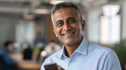 Smiling middle-aged businessman holding smartphone in modern office