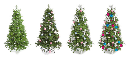 Christmas tree decorating with festive ornaments and bows. Step by step collage on white background
