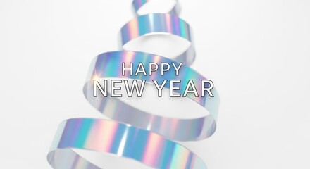 Holographic "happy new year" text on festive spiral ribbon design