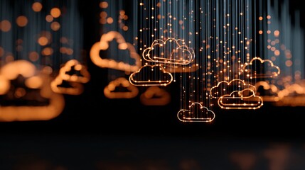 Digital Cloud Computing Network Concept with Orange Illuminated Icons