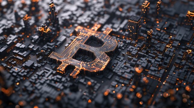 Abstract representation of bitcoin market trends and cryptocurrency concepts on blue gray backdrop