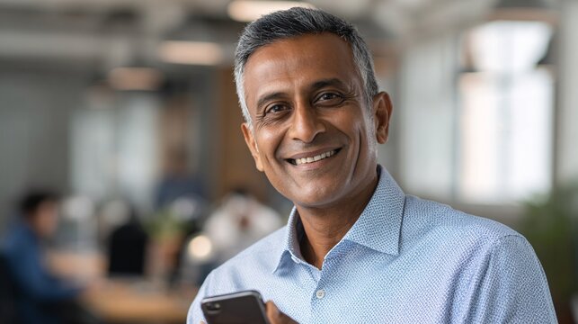 Smiling middle-aged businessman holding smartphone in modern office