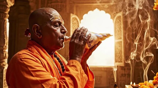 Elderly hindu priest blowing sacred conch shell during a dark spiritual ritual inside an ornate temple