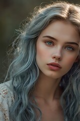 Naklejka premium Portrait of a beautiful woman with blue hair and blue eyes art style fashion model
