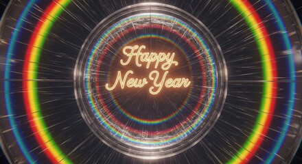 Happy new year neon glow text with vibrant rainbow spectrum light.