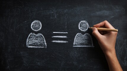 Hand Drawing Equality Symbol Between Two People Icons on Chalkboard