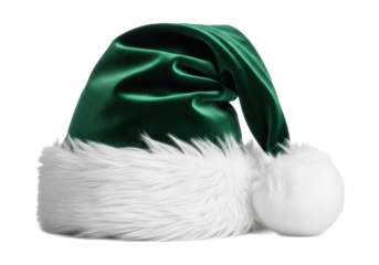 luxurious emerald green velvet santa hat with thick white long-pile faux fur trim and pom-pom, isolated on clean white studio background. Festive elegance concept