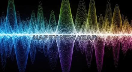 Happy new year text on a vibrant digital audio equalizer display