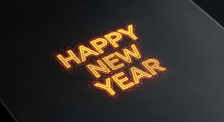 Happy new year glowing text design on textured metallic surface