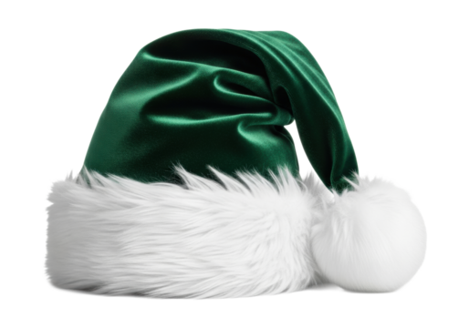 luxurious emerald green velvet santa hat with thick white long-pile faux fur trim and pom-pom, isolated on clean white studio background. Festive elegance concept
