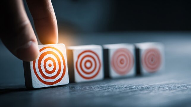 Hand Holding Wooden Block with Target Symbol in Focus with Blurry Background