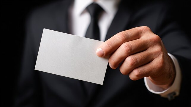 Professional businessman holding blank white business card close-up