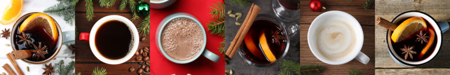 Christmas drinks. Collage with mulled wine, cocoa and coffee, top view. Happy winter holidays