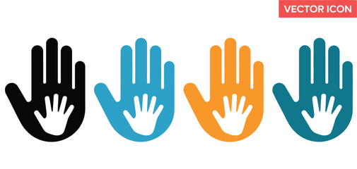 Obraz premium Four colorful hand icons with smaller hands inside represent family and support.